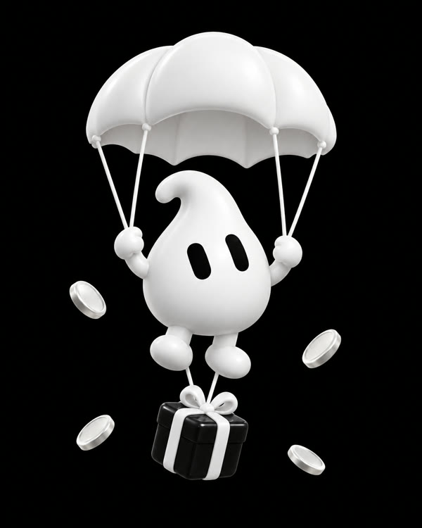 Grokky floating down on a parachute with a gift box